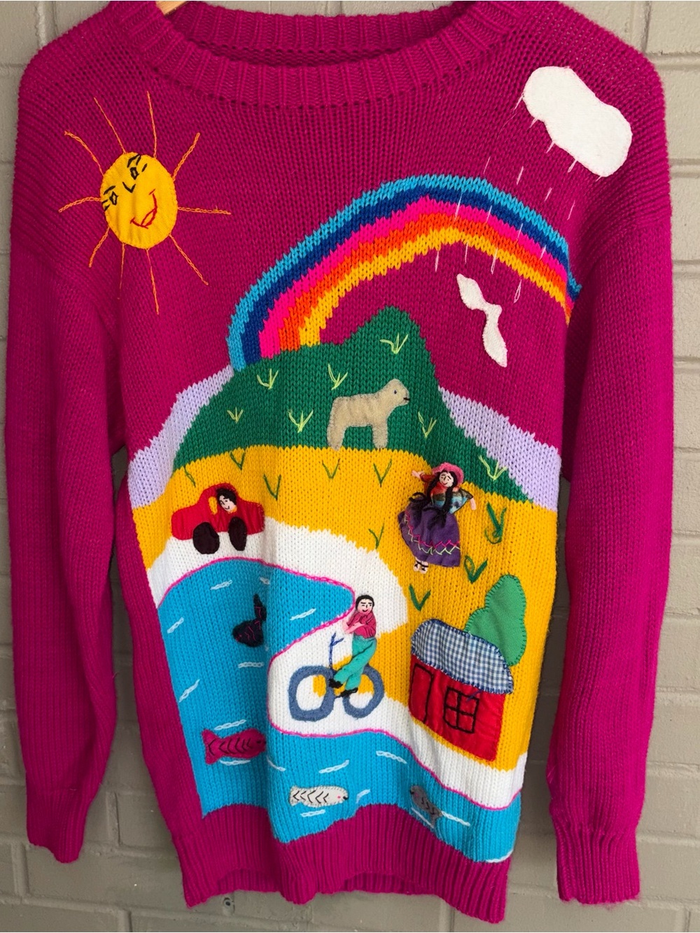 VTG 1980s Rainbow Countryside Stream Fish Sunshine Sweater S